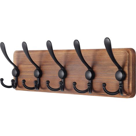 Porte Manteau Mural Bois Brun, Le Style Rustique, 44cm Longue,Grand Porte-manteau Mural avec 5 Crochets Triples Pour suspendre