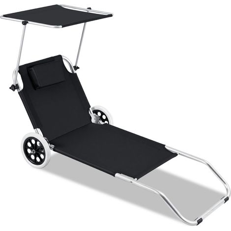 Randaco Lettino prendisole pieghevole con ruote 2 in 1, sdraio da spiaggia con parasole regolabile, schienale 4 posizioni, 147×52×15 cm, nero
