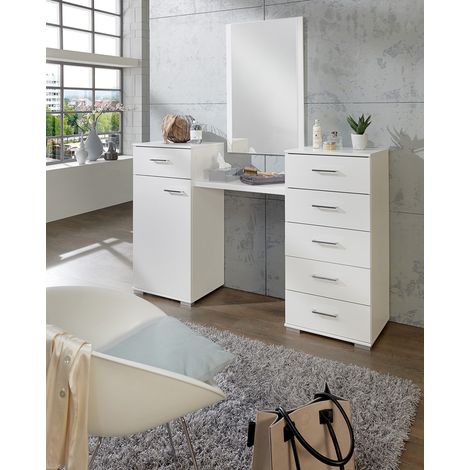 Pegane – Coiffeuse blanche panneaux de particules 1 porte 6 tiroirs – Longueur 165 cm x Hauteur 102 cm x Profondeur 41 cm – Miroir mural inclus