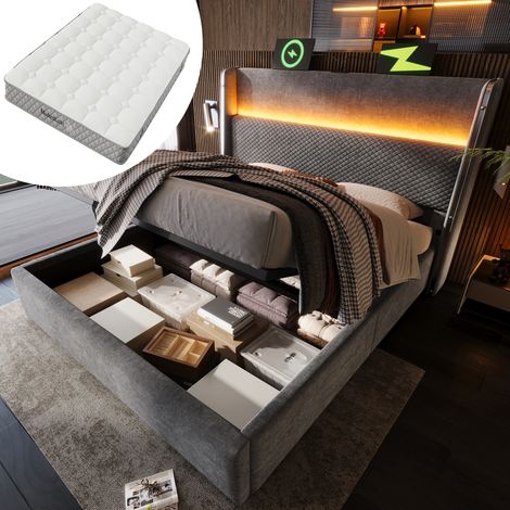 Lit coffre 140x200 cm en lin gris avec LED, USB et rangement, pour chambre, avec matelas – MEUBLIV (1/5)
