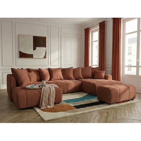 BOBOCHIC - Canapé panoramique convertible ROXELANE tissu bouclette avec pouf Angle droit Orange (1/4)