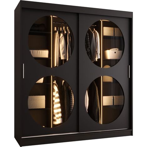 Armario Hartford 529, Negro, 200x180x62cm, Puertas de armario: Correderas, Número de estantes: 5, LED (1/5)