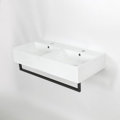 Milano Elswick White Ceramic Wall Hung Bathroom Basin Sink with Black Towel Rail - 820mm x 420mm (1/5)