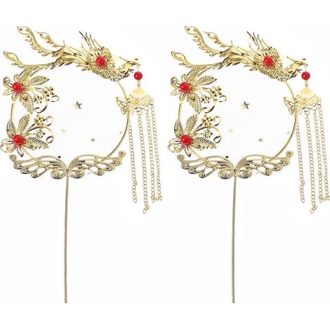 Lot de 2 décorations pour gâteaux de mariage chinois en forme de pompon phénix-23.5X12CM-Golden (1/2)