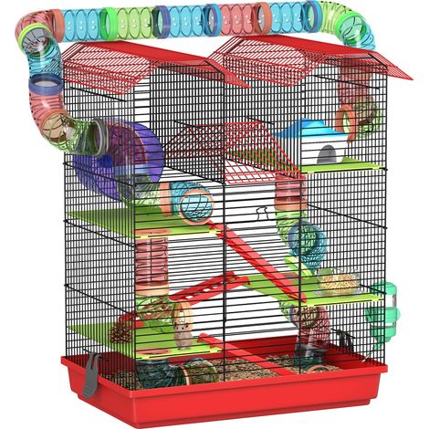 Cage pour hamster souris petit animaux rongeur avec tunnel mangeoire roue jouet 47 x 30 x 59 cm rouge. Cette cage pour rongeurs et petits animaux est conçue avec des matériaux de haute qualité, off... (1/5)