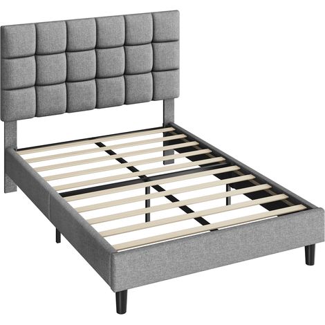 Yaheetech Letto Imbottito 140 x 200 cm con Testiera Quadrata Altezza Regolabile Doghe in Legno Grigio Chiaro