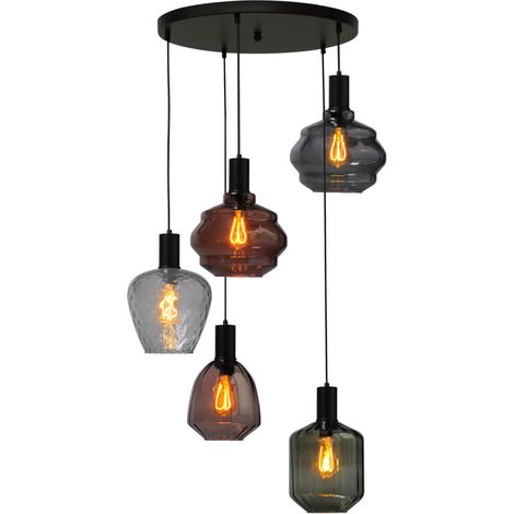 Suspension loft 5 lumières - noire - Porto avec des lunettes différentes - 2712-05-05-50-5-3194 (1/3)