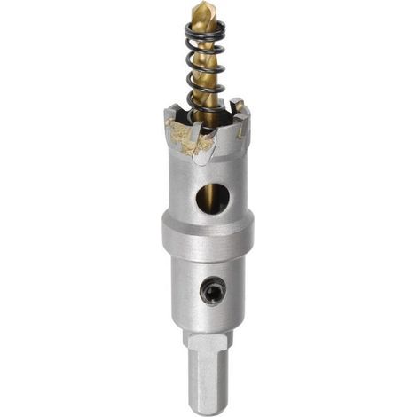 21-mm-Hartmetall-Kernbohrer für Edelstahlblech, rutschfester Dreikantschaft, mit titanbeschichtetem Zentrierbohrer (1/5)