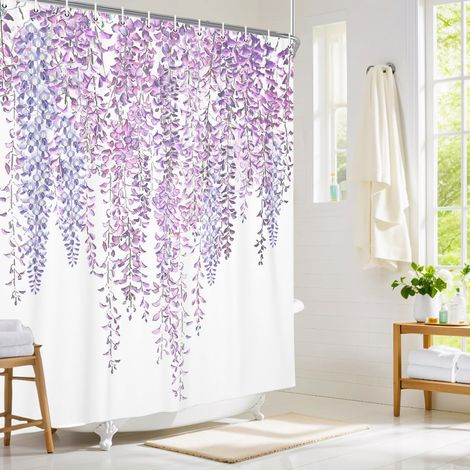 Wisteria Rideau de douche violet floral lilas fleurs en fleur décoration de salle de bain romantique violet chic Art imprimé tissu polyester rideaux de bain avec crochets 183 x 183 cm (1/5)