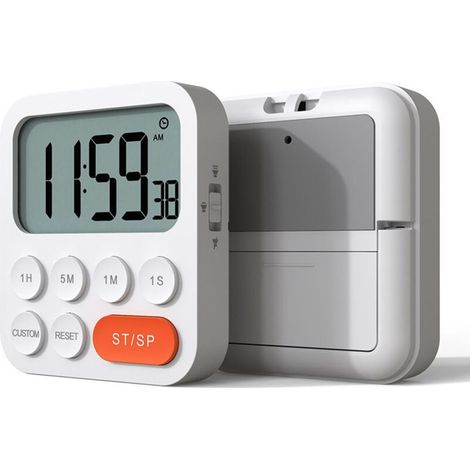 Minuteur de Cuisine, Minuterie Cuisine, Minuteur Digital Chronomètre et Compte à Rebours avec Mode Personnalisé, 3 Niveaux de Volume pour Examen, Réunion, sans Bruit - 2 Piles AAA - Blanc (1/5)