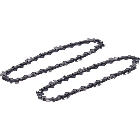 Zwei Ersatzketten für eine 10 cm (4 Zoll) lange, tragbare, akkubetriebene Kettensäge.