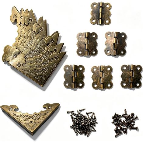 12 Pièces Antique Design Boîte en bois Armoire Bijoux Coins de la Boîte Décorative et 6 Pièces Charnière Vintage, Livré avec Beaucoup de Clous et de Vis en Bronze (1/5)