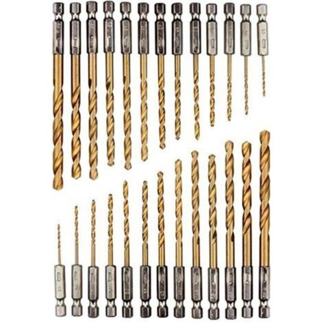 Jeu de forets à queue en titane de 26 pièces, forets en acier à coupe rapide hexagonale, acier à coupe rapide de 1,5-6,5 mm, ensemble de forets HSS revêtus de titane, Forets à métaux (1/5)