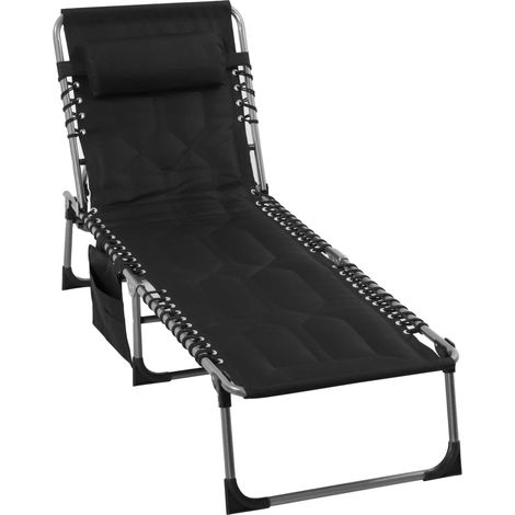 Chaise longue de jardin pliable noir – avec appui-tête, poche latérale, dossier 5 positions inclinable, résistante aux intempéries, support 130 kg – idéale jardin, plage, piscine (1/5)