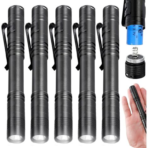 Lot de 5 mini lampes de poche LED étanches - Cadeau d'invité - Pour l'extérieur, le camping, la randonnée, la réparation, les urgences - 2 piles AAA (non incluses) (1/5)