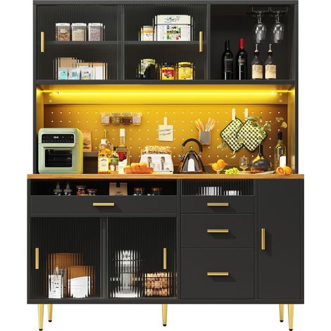 Armoire de salon avec LED 145x39x171cm, Buffet haut cuisine noir, Portes coulissantes en verre, Étagères réglables (1/5)