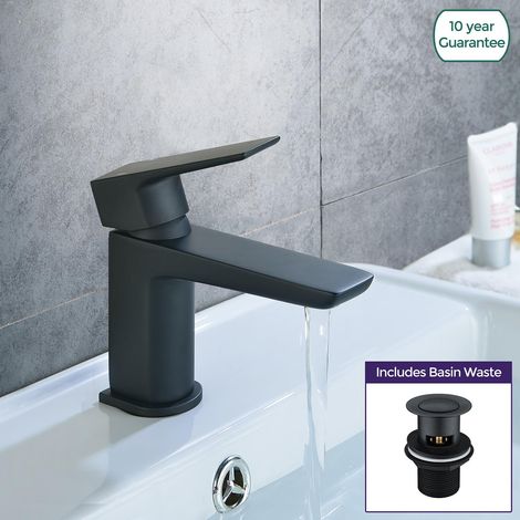 Astra Modern Matte Black Cloakroom Basin Single Lever Tap + Waste (1/5)