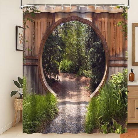 Rideau de Douche Jardin Japonais Scène de Nature printanière Rideau de Salle de Bain Porte Rustique en Bois en Forme de Cercle Chemin d'accès Arbre Vert Rideau de Douche Lavable 240x180cm (1/5)