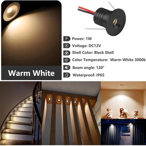 12V 1W LED-Einbaustrahler, Mini-LED-Strahler IP65, Ø16mm Loch, Deckenstrahler für Küche, Treppenhaus, Kleiderschrank, Flur, Heimwerkerbeleuchtung, Schaufenster, Schrank, 9er-Pack (Schwarz Warmweiß 300 (1/5)