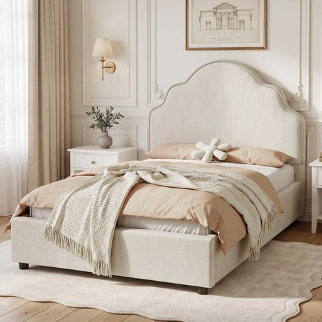 Lit enfant simple capitonné 90×200 cm avec tête de lit rembourrée en tissu lin couleur beige, structure stable pour chambre d’enfant (sans Matelas) (1/5)