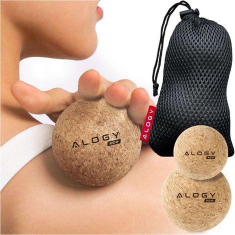 Juego de 2 pelotas de corcho ECO para masaje muscular, duras, pequeñas. Pelotas de corcho de 6 cm y 5,3 cm. Bolsa de fitness Alog Sport. (1/5)