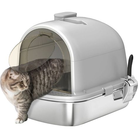 Arenero para gatos, acero inoxidable, fácil de limpiar, gris. (1/2)