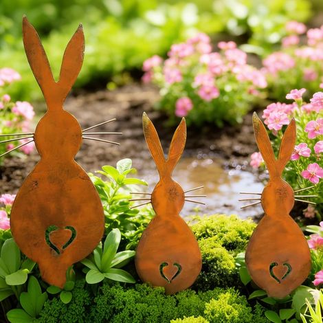 Lot de 3 Piques de jardin, Lapin métal, Aspect rouillé vintage, 20 cm et 15 cm, Décoration extérieur, Terrasse Balcon