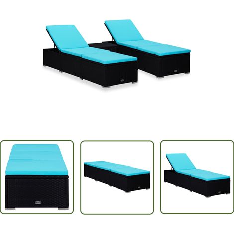 Chaises longues de jardin table à thé 3 pièces résine tressée noir (1/5)