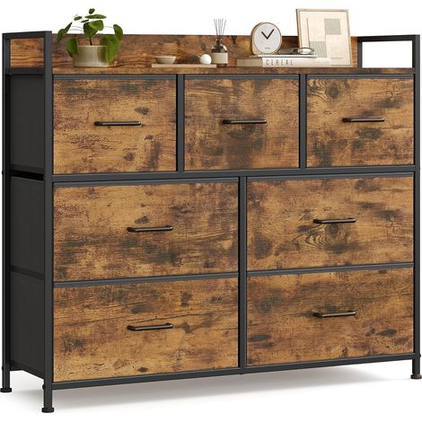 SONGMICS Commode, Armoire, Meuble de Rangement, 7 Tiroirs en Tissu avec Poignées, Cadre en Métal, Style Moderne, Marron Rustique et Noir d'Encre LTS137B01 (1/5)
