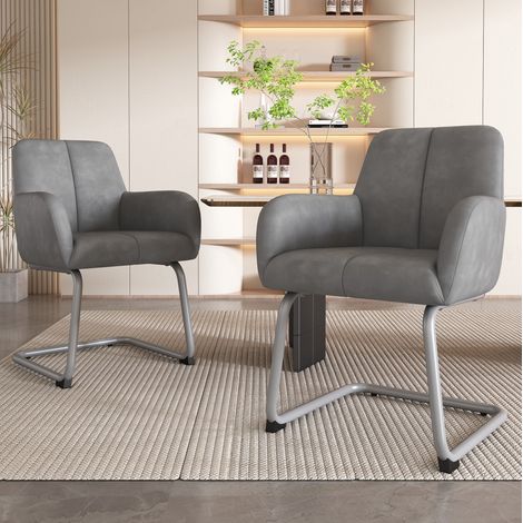 Chaise de salle a manger en cuir gris, lot de 2, structure acier, accoudoirs integres, design ergonomique, 150 kg,45×51×86cm (1/5)