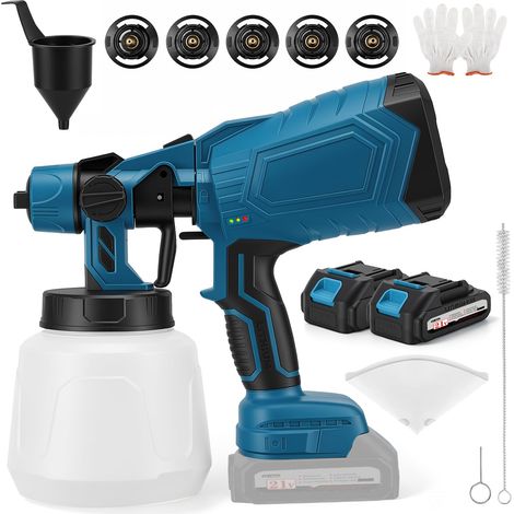Pulvérisateur de peinture électrique avec 2 batteries de 3000 mAh, 5 buses et 3 modèles de pulvérisation, récipient de 1400 ml, pulvérisateur de peinture pour clôture, abri, murs, meubles (1/5)