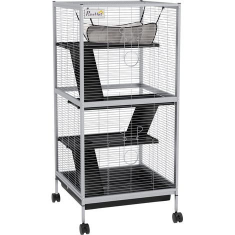 Gabbia per Porcellini d'India e Cincillà a 3 Piani 52x52x113,5 cm Ruote e Vassoio Rimovibile in Acciaio Grigio Chiaro