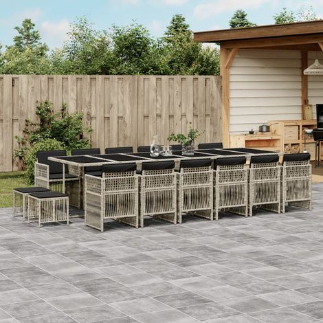 17-tlg. Garten-Essgruppe mit Kissen Hellgrau Poly Rattan vidaXL