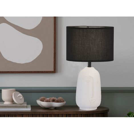 LED Tischlampe mit Keramikfuß Weiß & Leinenschirm Schwarz, Höhe 39cm (1/5)