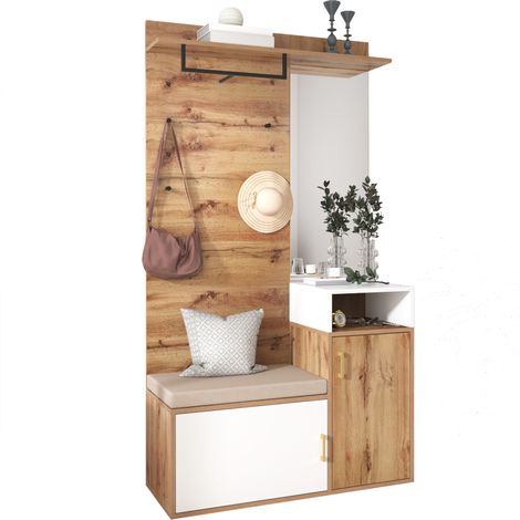 Ensemble vestiaire élégant blanc et aspect bois avec miroir, meuble à chaussures, porte-manteau mural, banc et patères (produit non monobloc, nécessite de percer et de faire des trous dans le mur) (1/5)