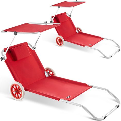 CASARIA® Set of 2 Foldable Sun Loungers with Wheels & Sun Canopy – 5-Position Adjustable Aluminum Lounger for Garden, Beach, Balcony, Patio, Pool, or Camping Red (1/5)