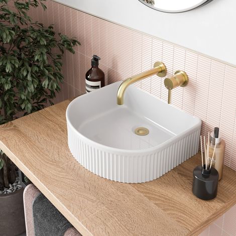 Bathroom Fluted Countertop Basin Sink Modern White Gloss D-Shape, 410 x 370mm (1/3)