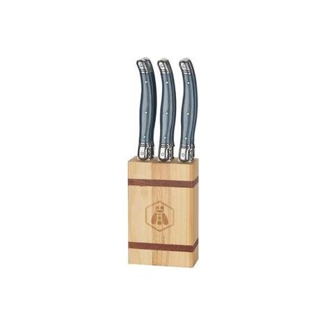 LAGUIOLE - Bloc de 6 Couteaux de Table - Bloc en Bois de Pin - Manches en Plastique - acier inoxydable - gris