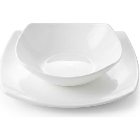 Set Piatti quadrato ECLISSI Bianco 19 Pezzi Servizio Tavola Moderno Impilabili Salvaspazio con Piatti Piani Fondi Dessert e Insalatiera per 6 persone Eleganza Resistente Igienico per Casa e HORECA (1/4)