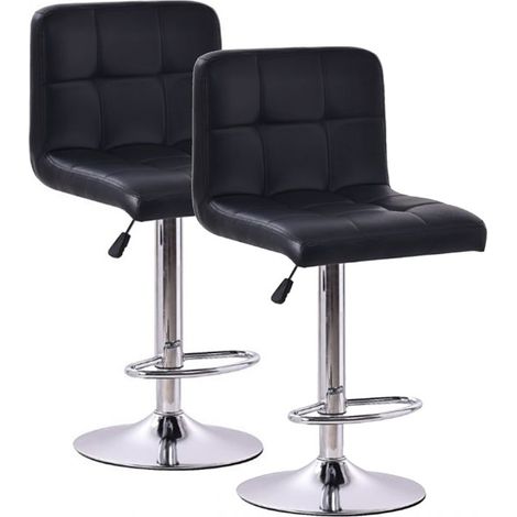Lot de 2 Tabourets de cuisine, tabouret de bar haut en similicuir noir réglable avec repose-pieds chromé - Longueur 44 x Hauteur 93 x Largeur 44 cm (1/5)