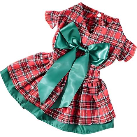 Plaid Dog Outfit - Cotton Polyester Pet Costume with Bow - Red Green Checkered Design for Small to Large Dogs - Holiday Costume for Christmas Halloween Photography (1/5)