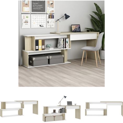 The Living Store Eckschreibtisch Weiß Sonoma-Eiche 200x50x76 cm Holzwerkstoff - Schreibtische