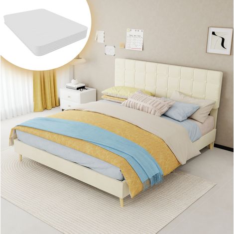 Cama doble moderna de tela beige 160x200 cm con cabecero acolchado de cuadros y patas efecto madera, colchón incluido