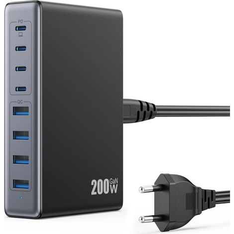 Chargeur USB C multiple 200 W, prise USB C GaN III 8 ports QC4.0 + PD chargeur rapide 65 W USB C chargeur pour ordinateur portable adaptateur secteur pour MacBook Pro/Air, iPhone, Samsung Galaxy et pl (1/5)