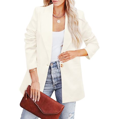 Veste de tailleur femme à manches longues, couleur unie, style décontracté, en polyester doux, idéale pour le travail et les activités de plein air, blanche, taille XXXL (1/5)
