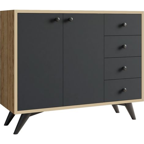 Commode 2 portes 4 tiroirs chêne clair et anthracite 100cm (1/4)