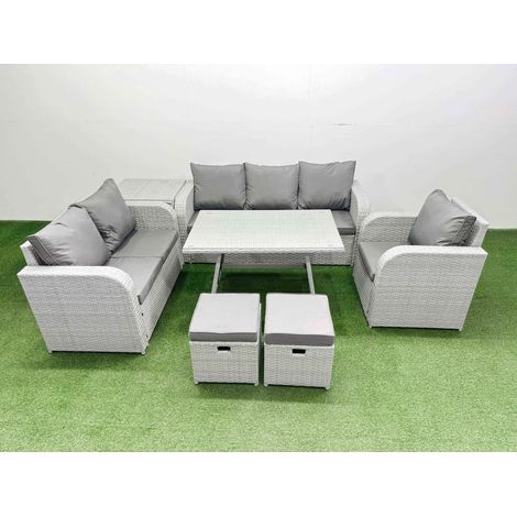 Fimous Rattan High Back Lounge Sofa Set Patio Dining Table & Chairs Set with 3 Seater Sofa Reclining Chair Side Table 2 Small Stool Light Grey (1/4)