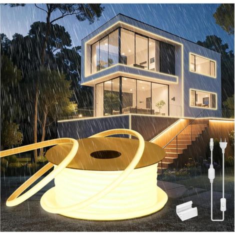 Neon COB Ruban LED Exterieur 20m, Silicone Ronde Néon Bandeau Led 220V Etanche Ignifuger IP65 Bande LEDs Flexible Blanc Chaud 3000K Découpable Rubans à Leds 288LED/m Avec Alimentation