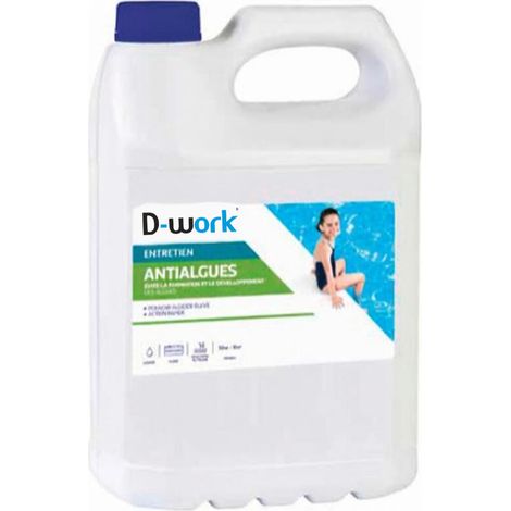 Antialgue Liquide Peu Moussant 5 l - Algicide Préventif, Effet Clarifiant - Protection et Eau Claire - D-Work