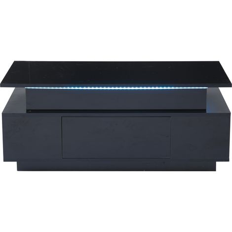 ELVMI Table basse relevable avec 1 Tiroir, rangement caché et LED, Brillant, en Panneaux de particules, Noir (1/5)